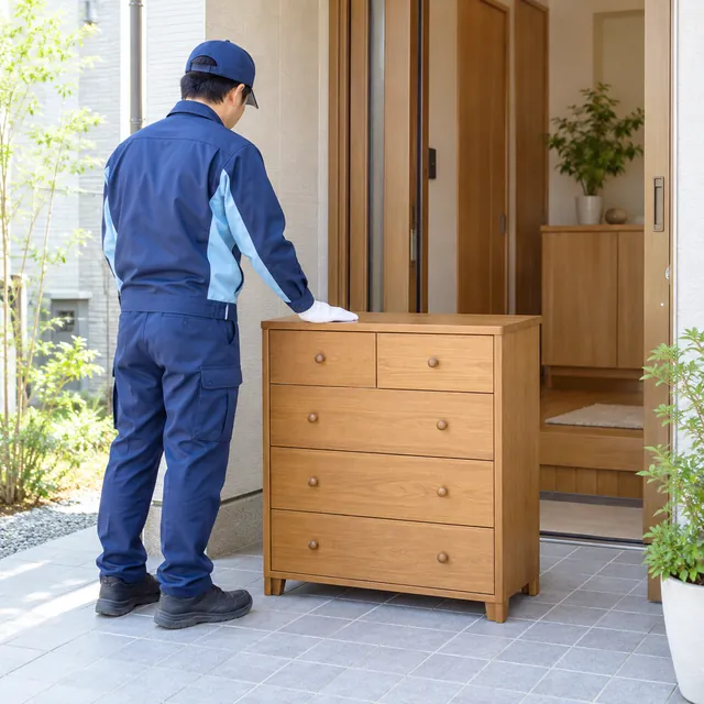 玄関先で、まだきれいなチェストを引き取りに来た作業着の人